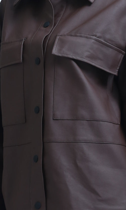 O198724 - Long Sleeves PU Jacket with Front Pockets - Brown