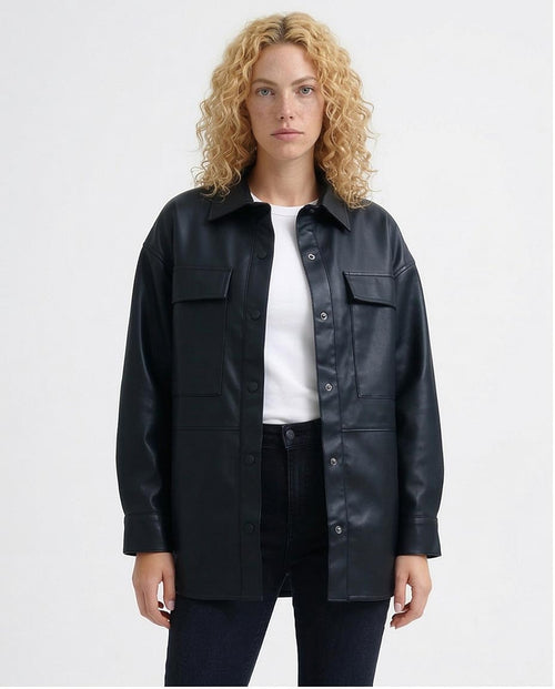 Ravin Faux-Leather Snap-Front Overshirt with Chest Pockets Color: Matte Black - O198725