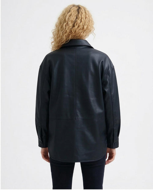 Ravin Faux-Leather Snap-Front Overshirt with Chest Pockets Color: Matte Black - O198725