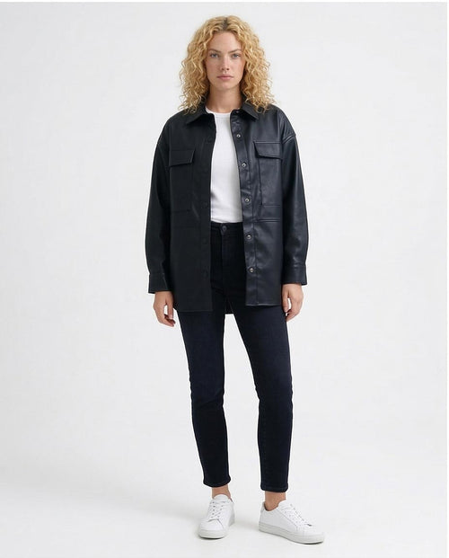 Ravin Faux-Leather Snap-Front Overshirt with Chest Pockets Color: Matte Black - O198725