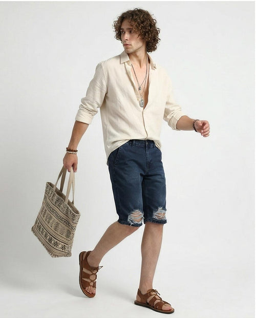 Ravin Men’s Indigo Distressed Denim Shorts – Heavy Ripped Slim Fit Summer Essentials - O198728