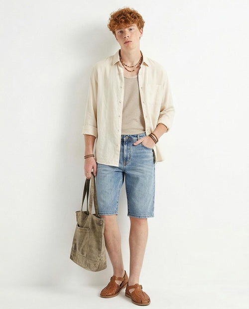 Ravin Men's Light Wash Distressed Denim Shorts – Modern Relaxed Fit Knee-Length Jean Shorts - O198732