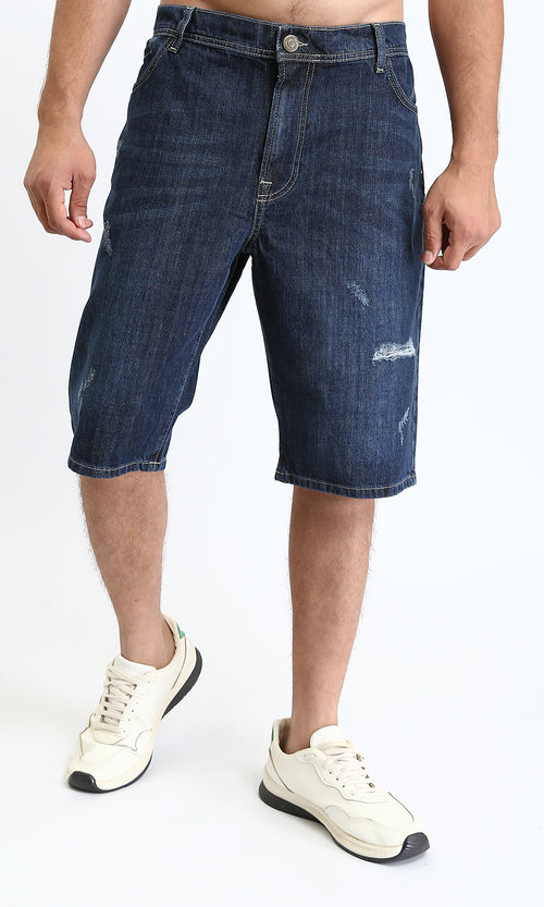 O198733 - Casual Denim Shorts with Front Ribbed - Navy Blue