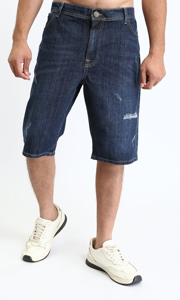 O198733 - Casual Denim Shorts with Front Ribbed - Navy Blue
