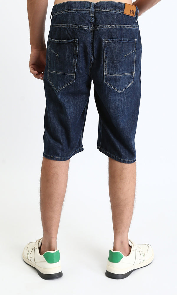 O198733 - Casual Denim Shorts with Front Ribbed - Navy Blue