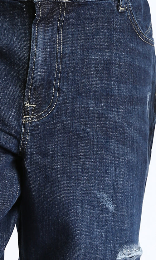 O198733 - Casual Denim Shorts with Front Ribbed - Navy Blue