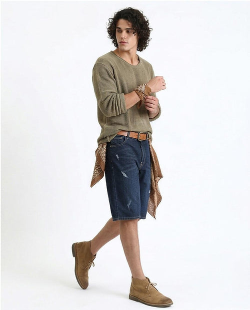 Ravin Men's Distressed Navy Denim Shorts - Relaxed Fit Cargo-Inspired Bermudas with Ribbed Detailing - O198733