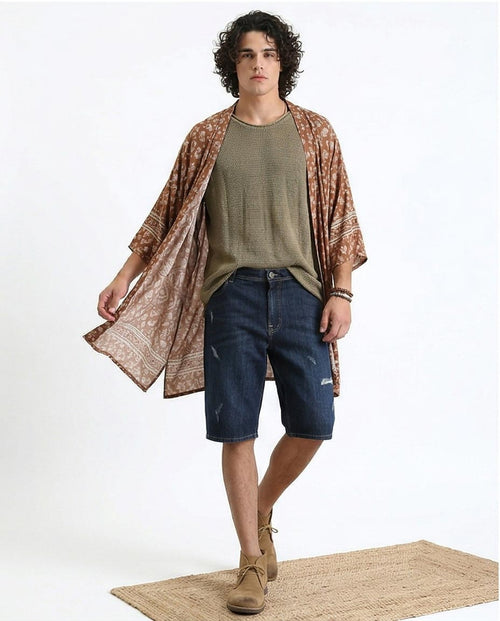 Ravin Men's Distressed Navy Denim Shorts - Relaxed Fit Cargo-Inspired Bermudas with Ribbed Detailing - O198733