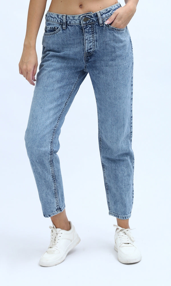 O198741 - Solid Mom-Fit Jeans Fly Zipper Buttons - Dark Jeans Blue