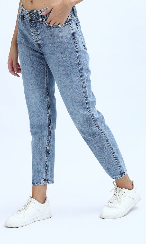 O198741 - Solid Mom-Fit Jeans Fly Zipper Buttons - Dark Jeans Blue