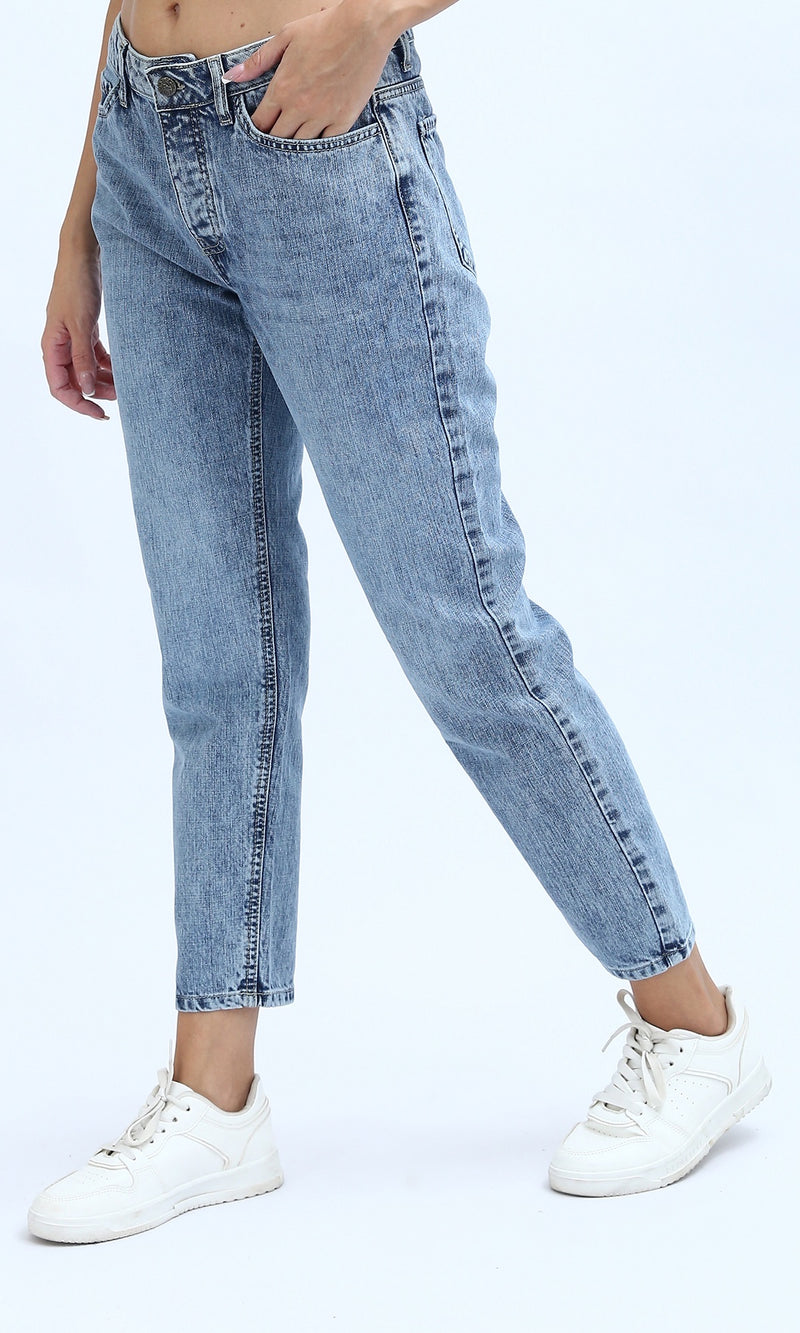 O198741 - Solid Mom-Fit Jeans Fly Zipper Buttons - Dark Jeans Blue