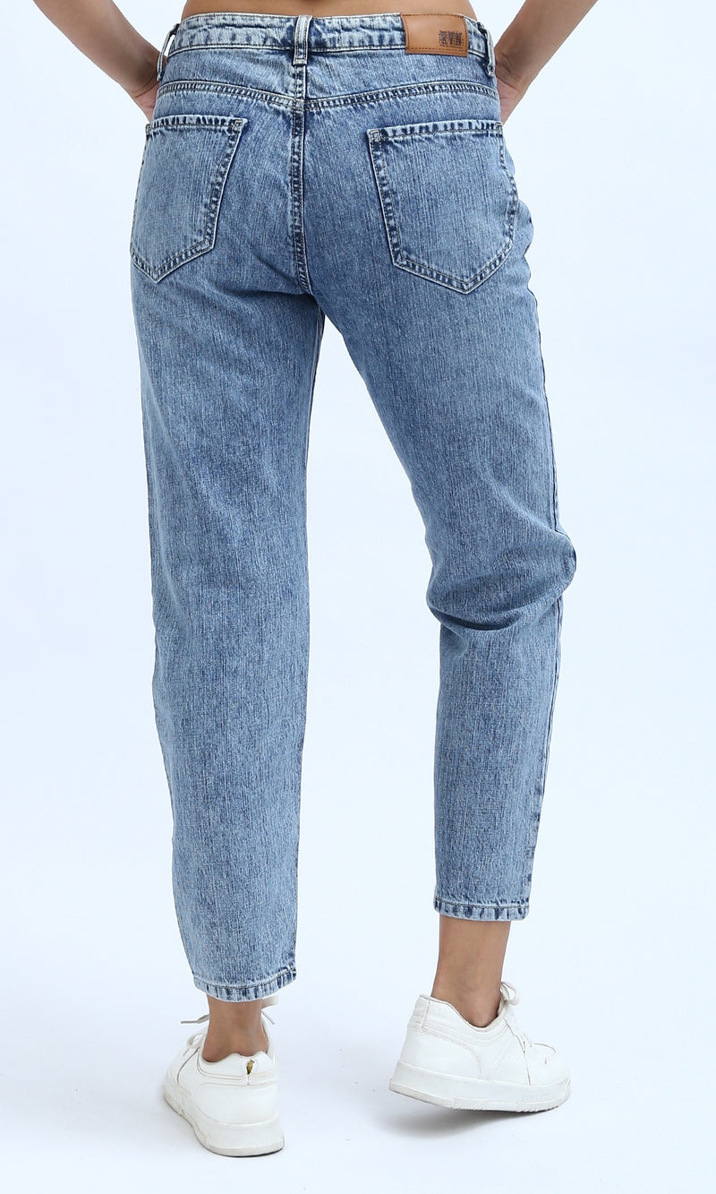 O198741 - Solid Mom-Fit Jeans Fly Zipper Buttons - Dark Jeans Blue