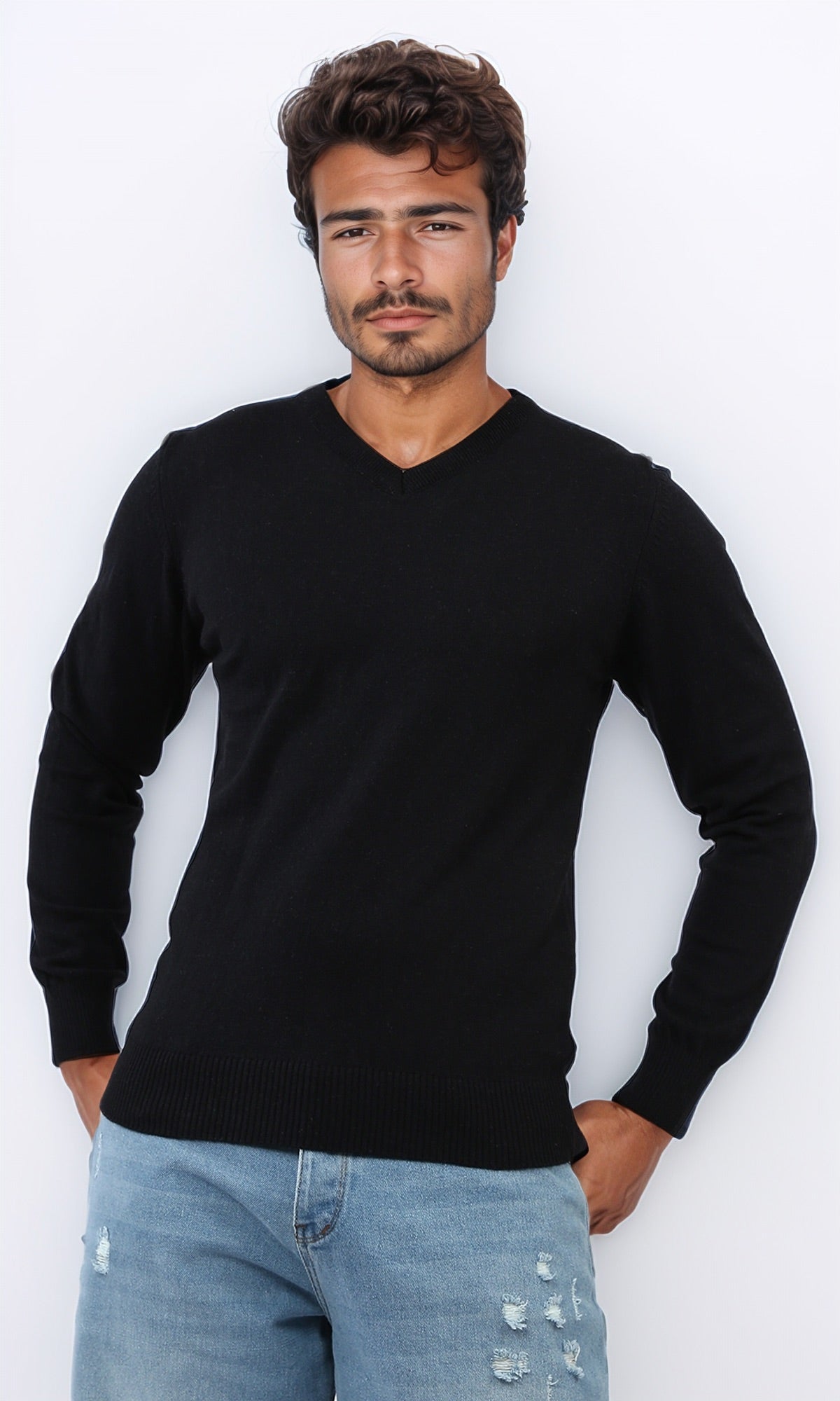 Essential Solid Black V-Neck Knit Pullover - O198782