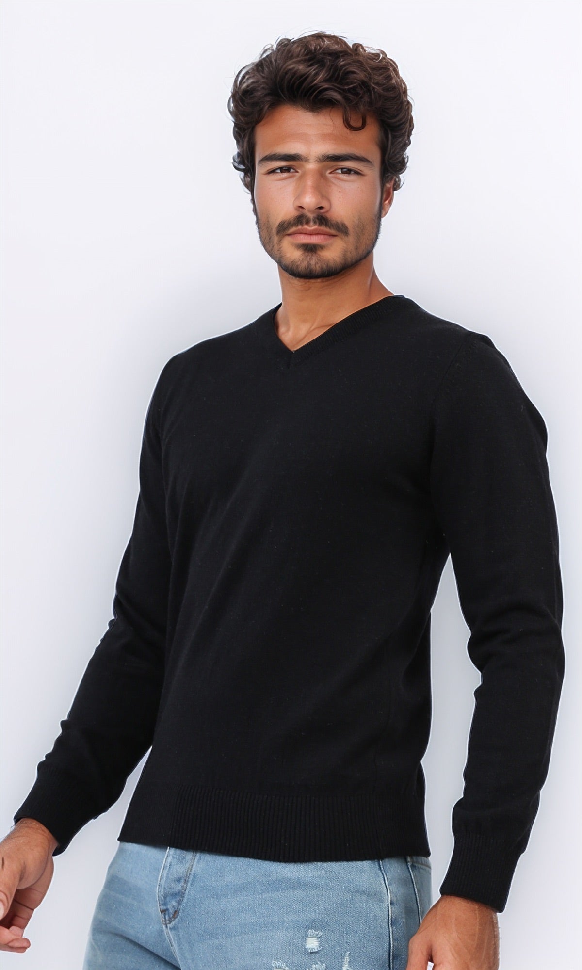 Essential Solid Black V-Neck Knit Pullover - O198782