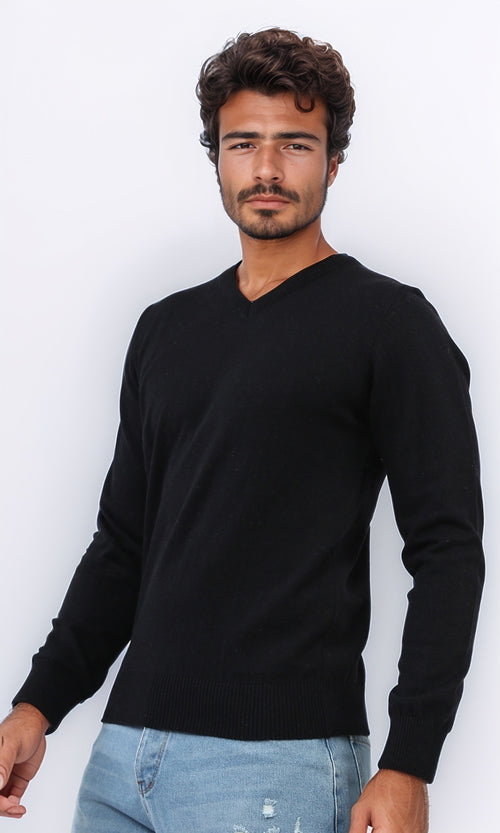 o198782 - Solid V-Neck Ribbed Hemline & Cuffs Pullover - Black