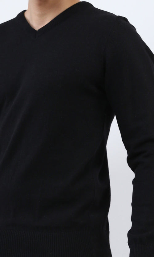 o198782 - Solid V-Neck Ribbed Hemline & Cuffs Pullover - Black