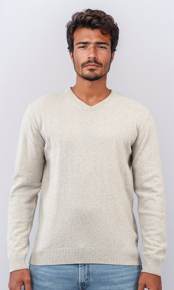 o198784 - Solid V-Neck Ribbed Hemline & Cuffs Pullover - Light Beige