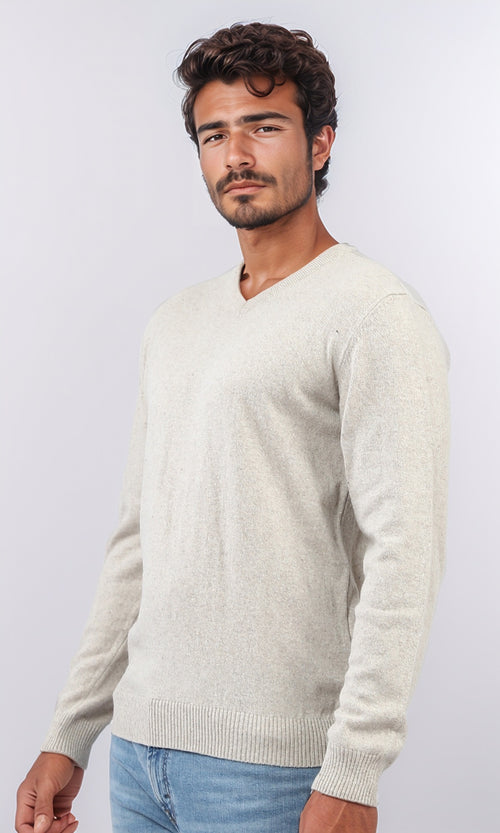 o198784 - Solid V-Neck Ribbed Hemline & Cuffs Pullover - Light Beige