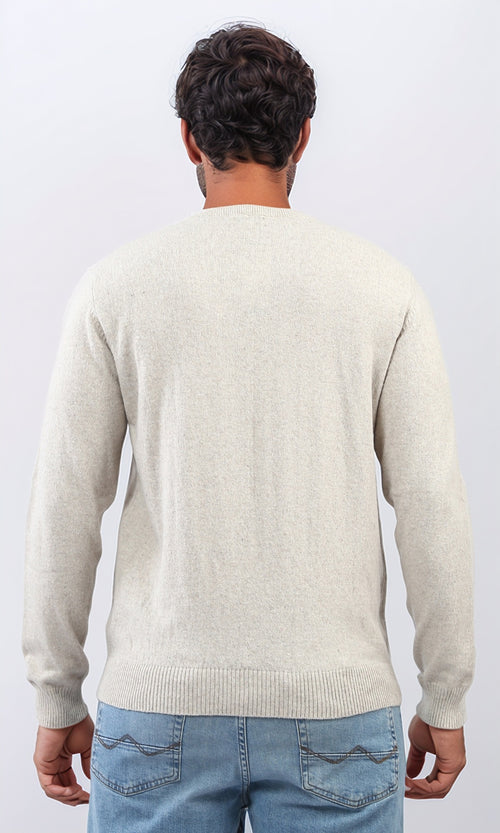 o198784 - Solid V-Neck Ribbed Hemline & Cuffs Pullover - Light Beige