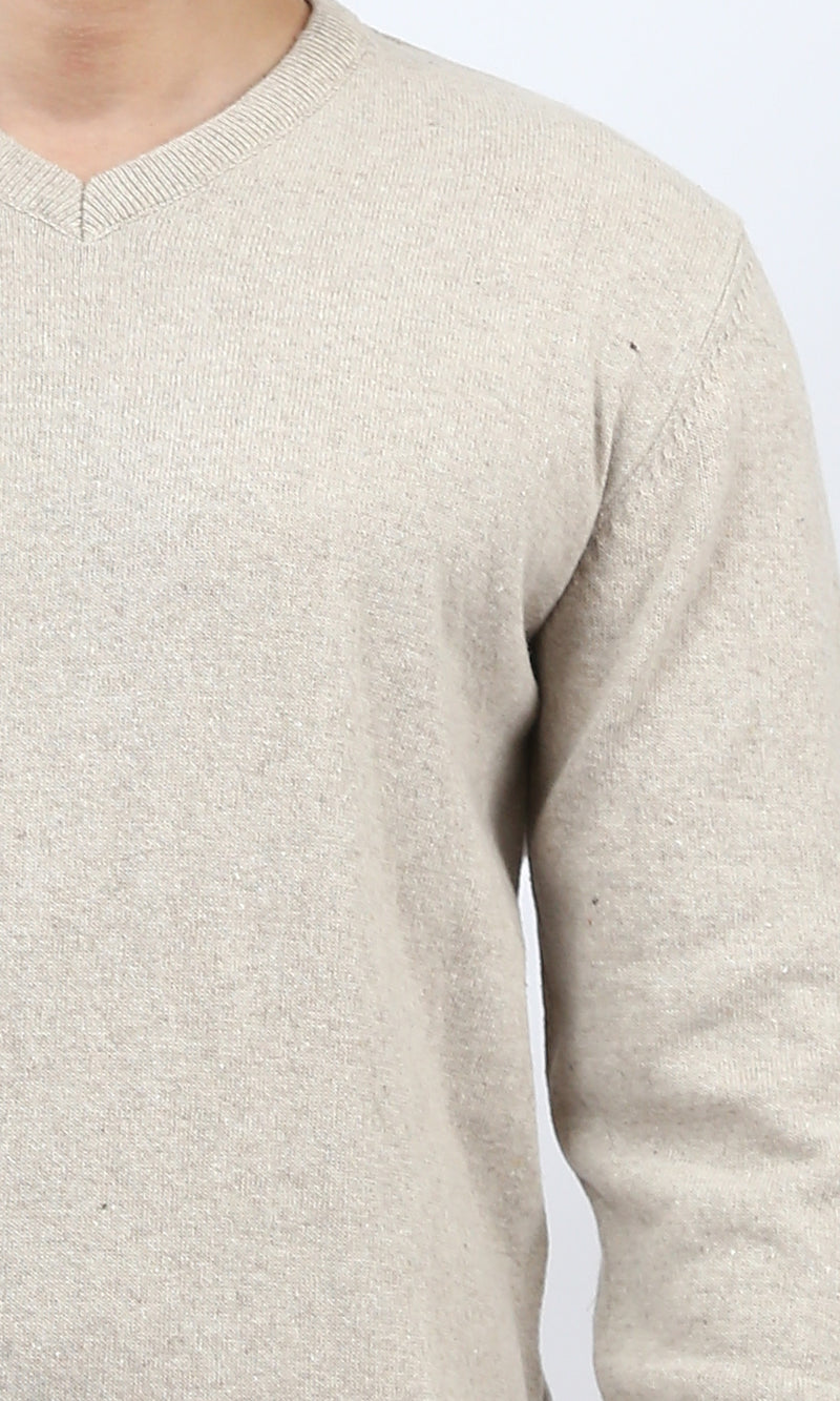 o198784 - Solid V-Neck Ribbed Hemline & Cuffs Pullover - Light Beige