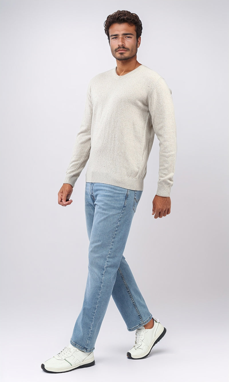 o198784 - Solid V-Neck Ribbed Hemline & Cuffs Pullover - Light Beige