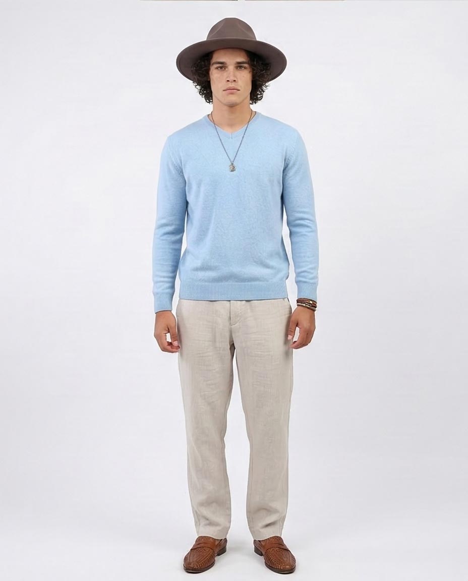 Ravin Men’s Premium V-Neck Knit Sweater – Sky Blue Melange - O198785