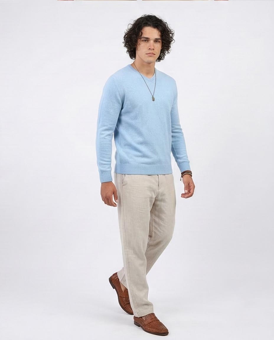 Ravin Men’s Premium V-Neck Knit Sweater – Sky Blue Melange - O198785