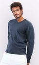 o198789 - Solid V-Neck Ribbed Hemline & Cuffs Pullover - Dark Jeans Blue