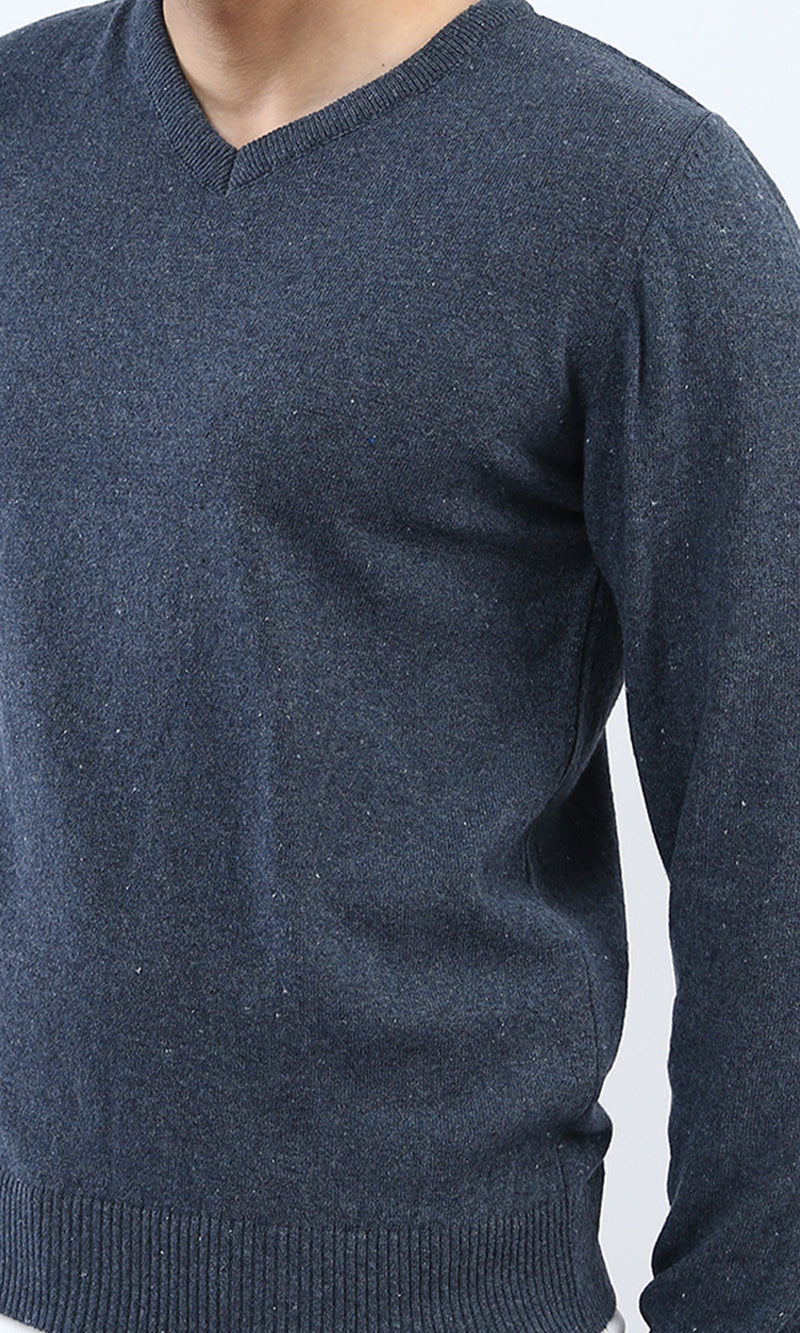 o198789 - Solid V-Neck Ribbed Hemline & Cuffs Pullover - Dark Jeans Blue