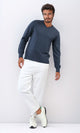 o198789 - Solid V-Neck Ribbed Hemline & Cuffs Pullover - Dark Jeans Blue