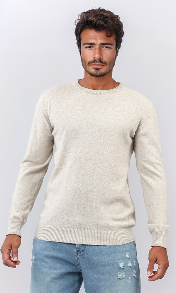 o198792 - Ribbed Hemline Round Neck Pullover - Light Beige