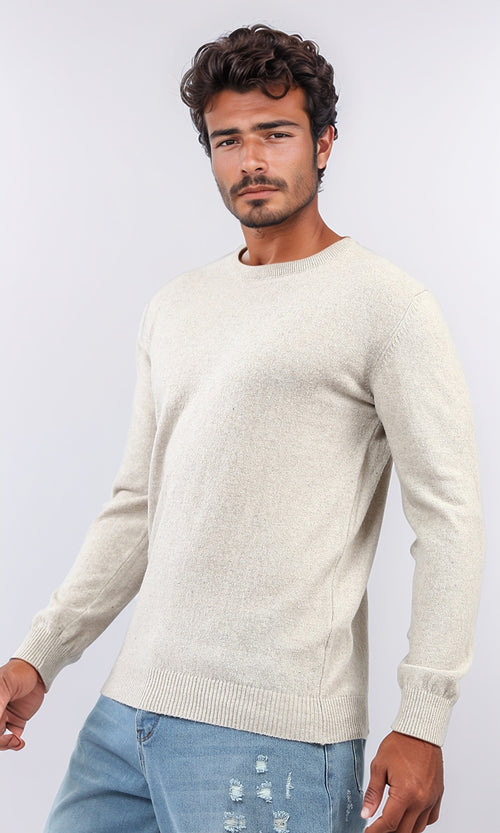 o198792 - Ribbed Hemline Round Neck Pullover - Light Beige