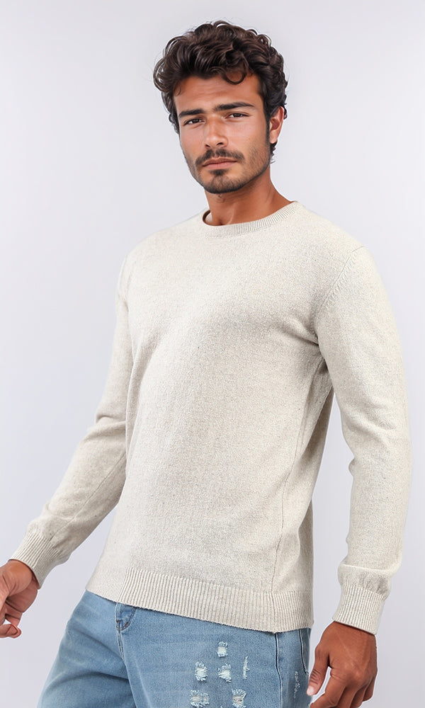 o198792 - Ribbed Hemline Round Neck Pullover - Light Beige