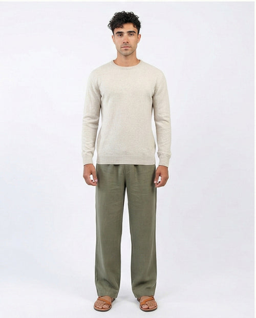 o198792 - Ribbed Hemline Round Neck Pullover - Light Beige