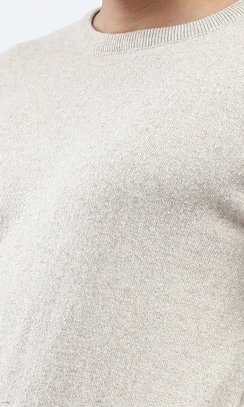 o198792 - Ribbed Hemline Round Neck Pullover - Light Beige