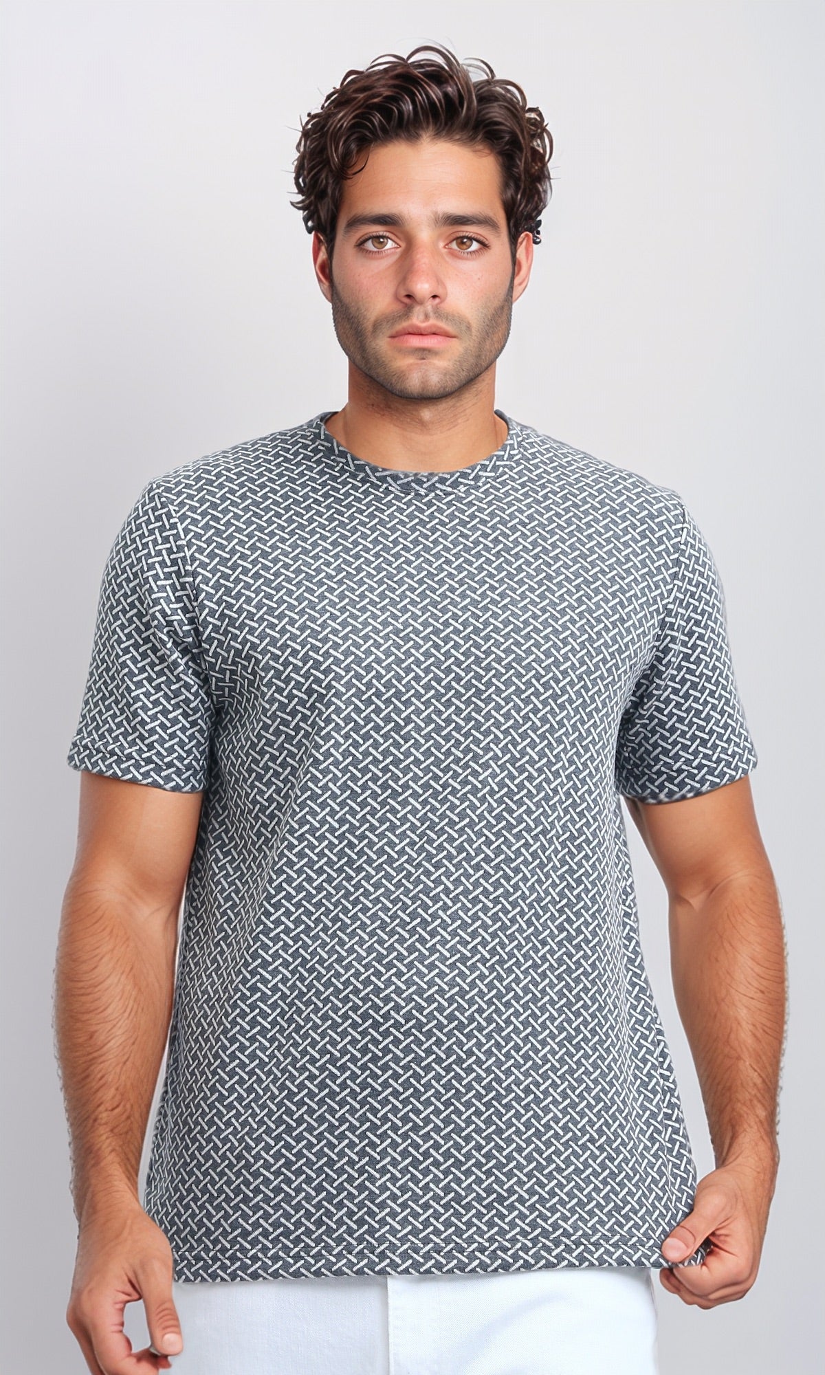 Grey Geometric Weave Print Short Sleeve Tee - O198874