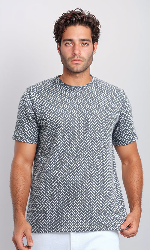 Grey Geometric Weave Print Short Sleeve Tee - O198874