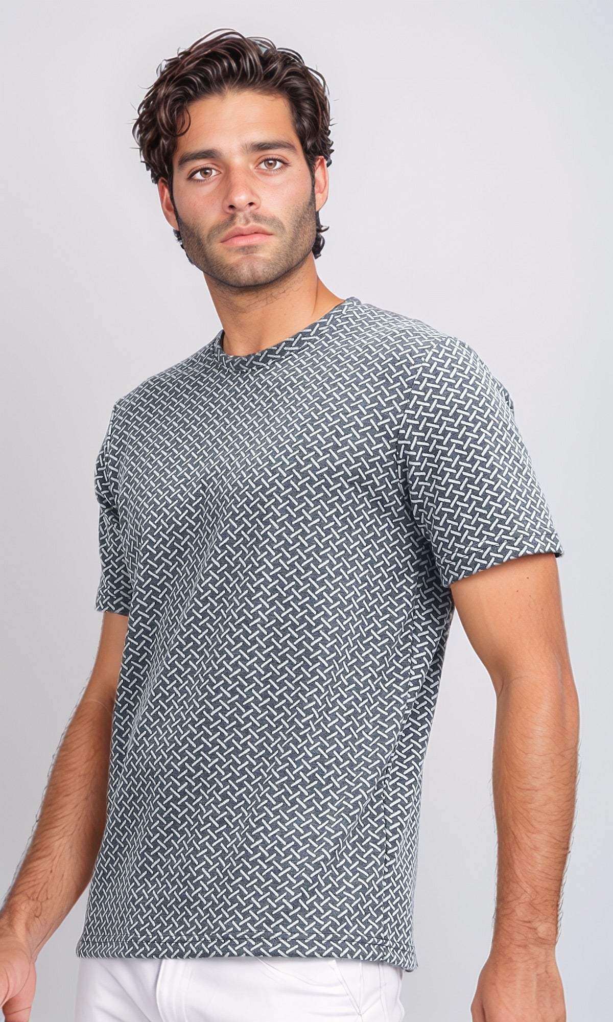 Grey Geometric Weave Print Short Sleeve Tee - O198874