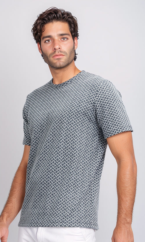 Grey Geometric Weave Print Short Sleeve Tee - O198874