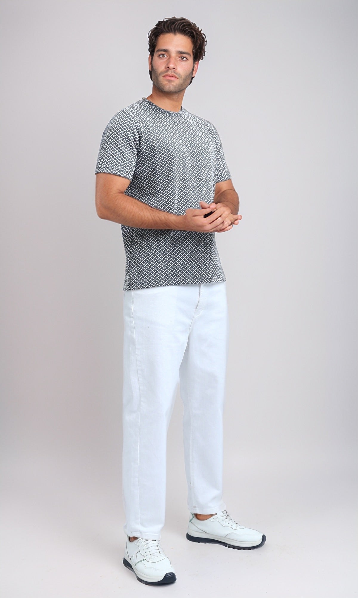 Grey Geometric Weave Print Short Sleeve Tee - O198874