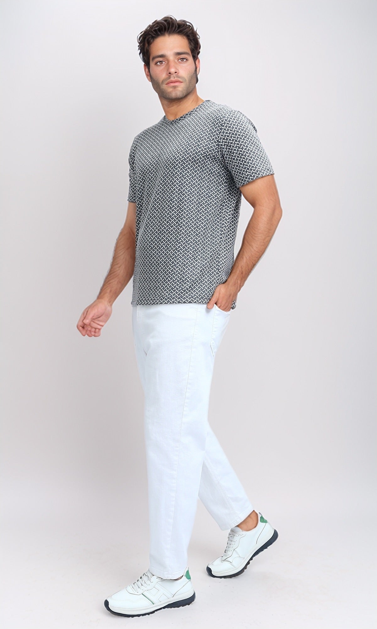 Grey Geometric Weave Print Short Sleeve Tee - O198874