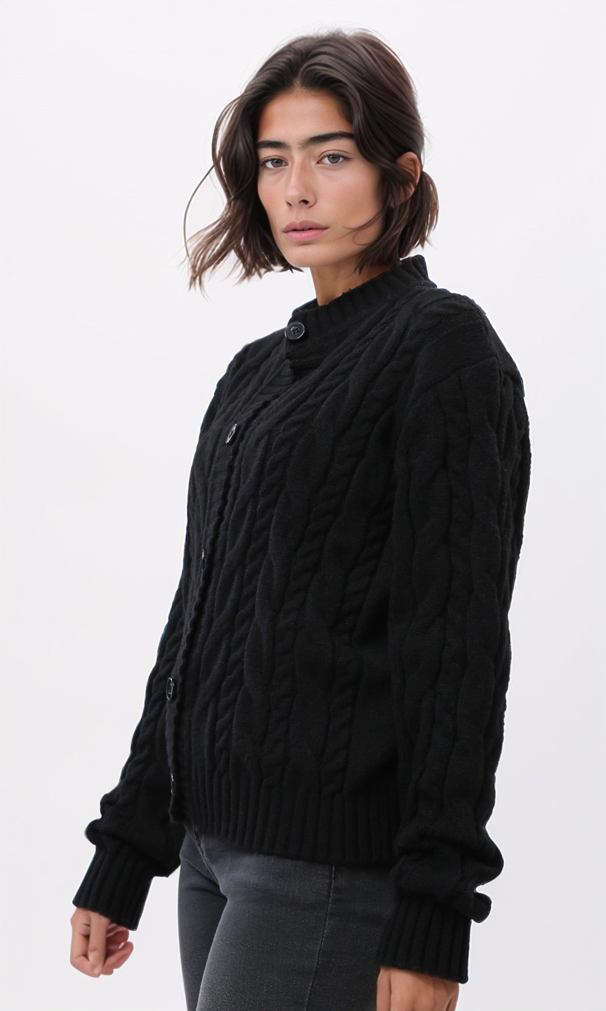 Women's Timeless Black Cable Knit Button-Down Cardigan - O198955