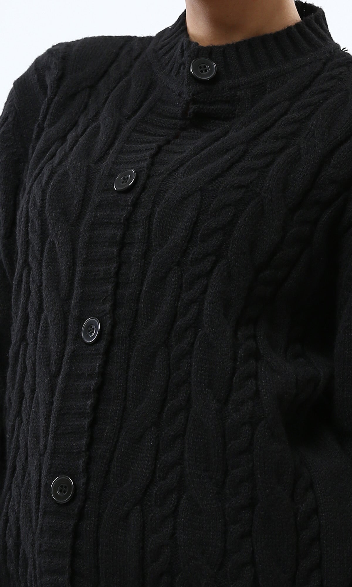 Women's Timeless Black Cable Knit Button-Down Cardigan - O198955