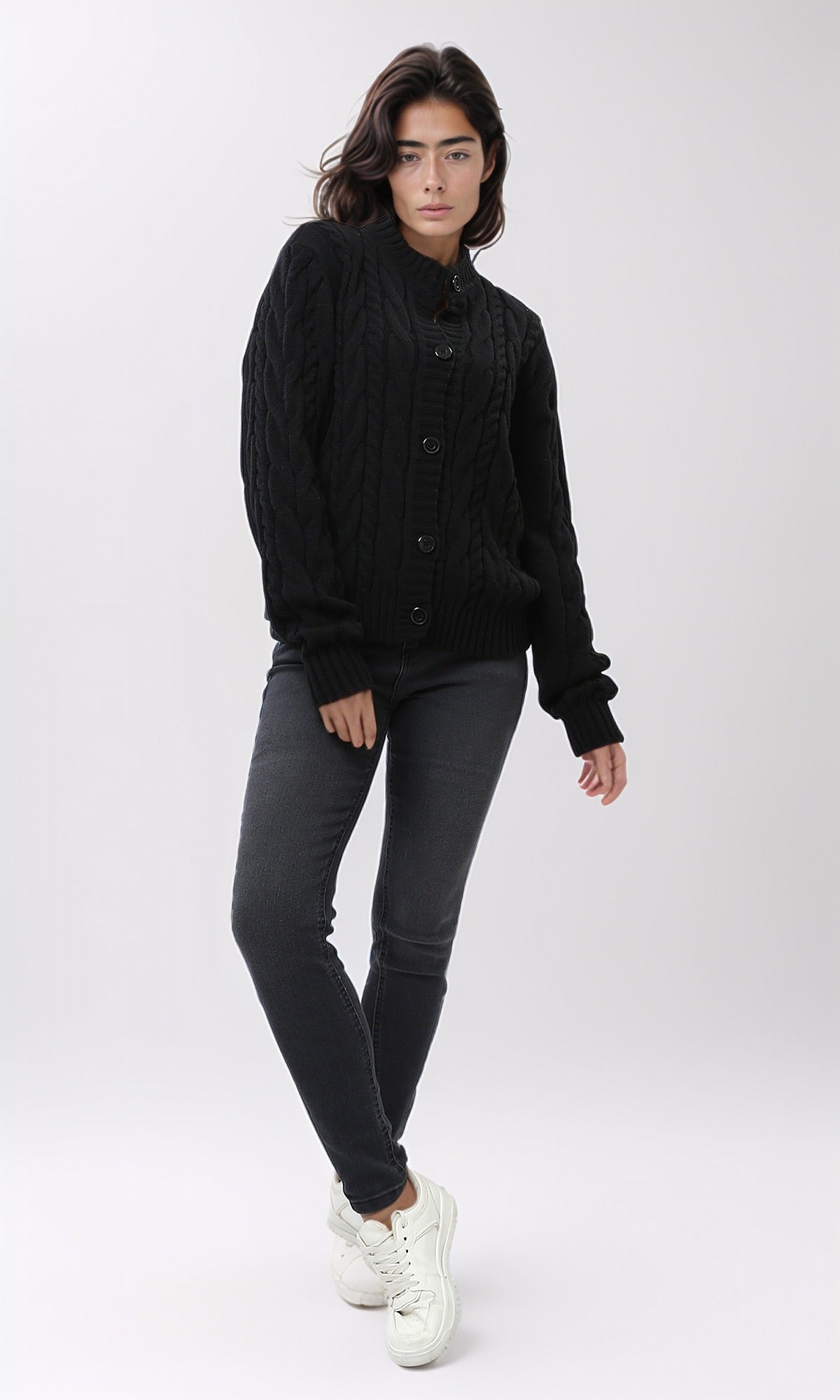 Women's Timeless Black Cable Knit Button-Down Cardigan - O198955