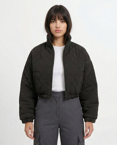 o198986-QUILTED BLACK JACKET WITH STAND COLLAR