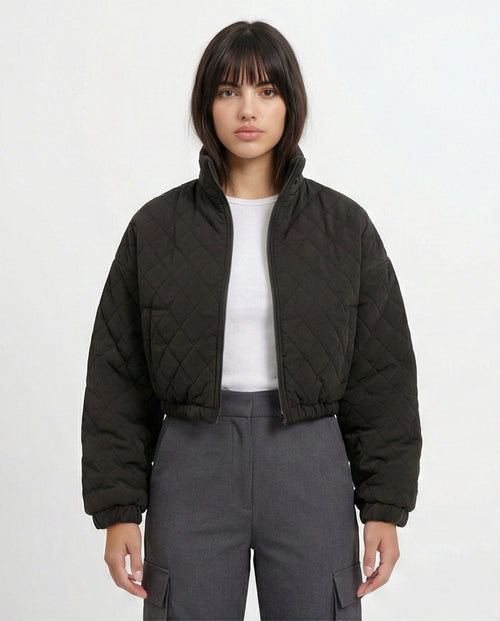 o198986-QUILTED BLACK JACKET WITH STAND COLLAR