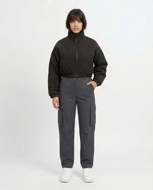 o198986-QUILTED BLACK JACKET WITH STAND COLLAR