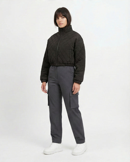 o198986-QUILTED BLACK JACKET WITH STAND COLLAR