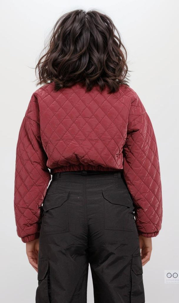 o198987-QUILTED CROPPED JACKET - BURGUNDY