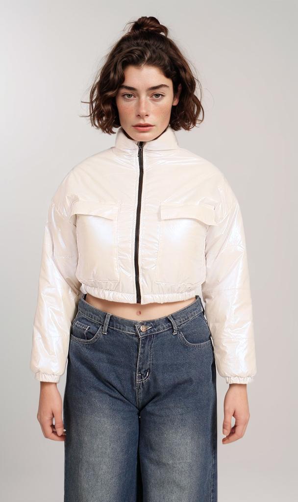 O199030-O199030 - Hooded Cropped Puffer Jacket - Beige